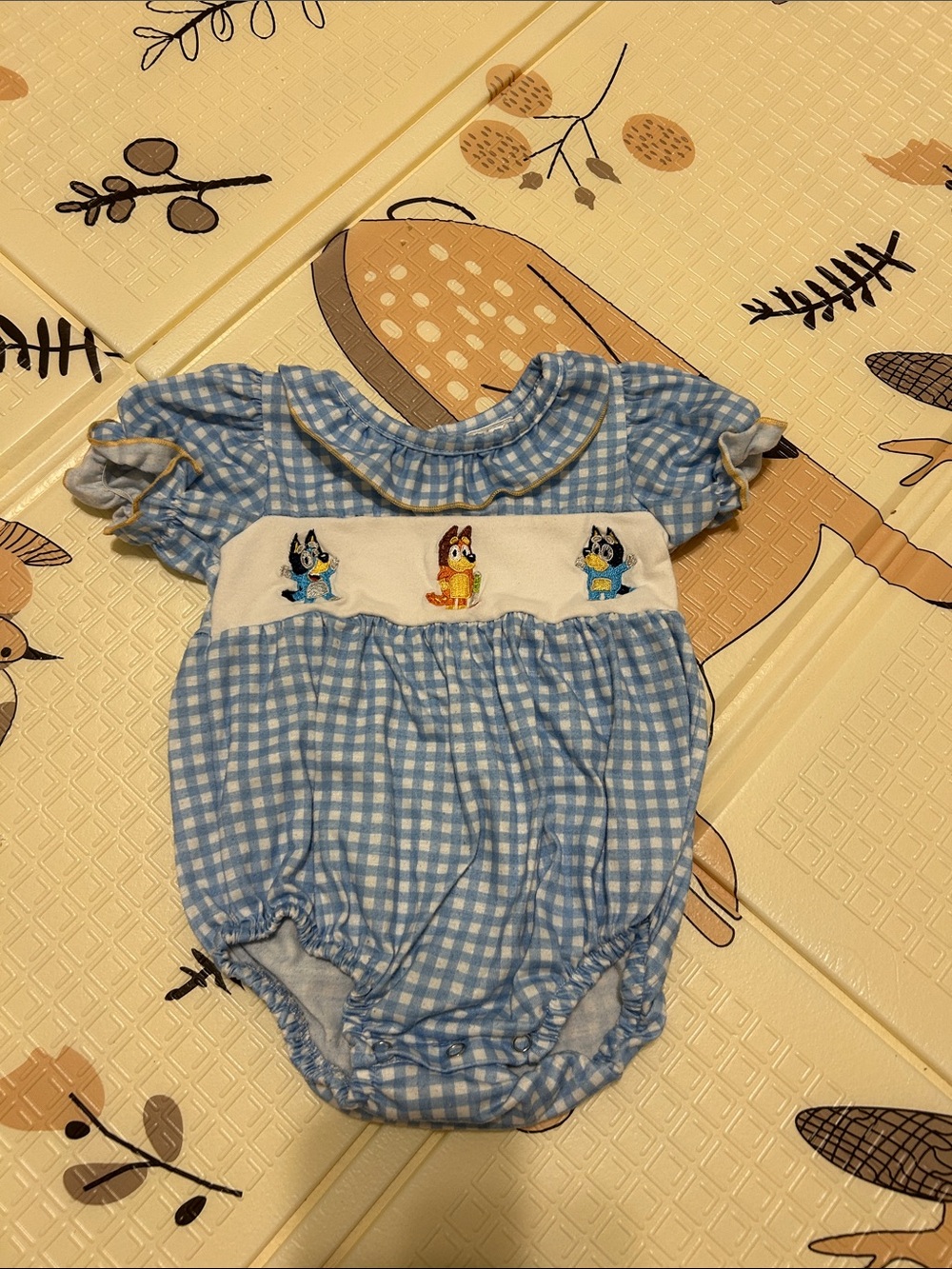 Blue Gingham Baby One-Piece with Embroidered Puppies